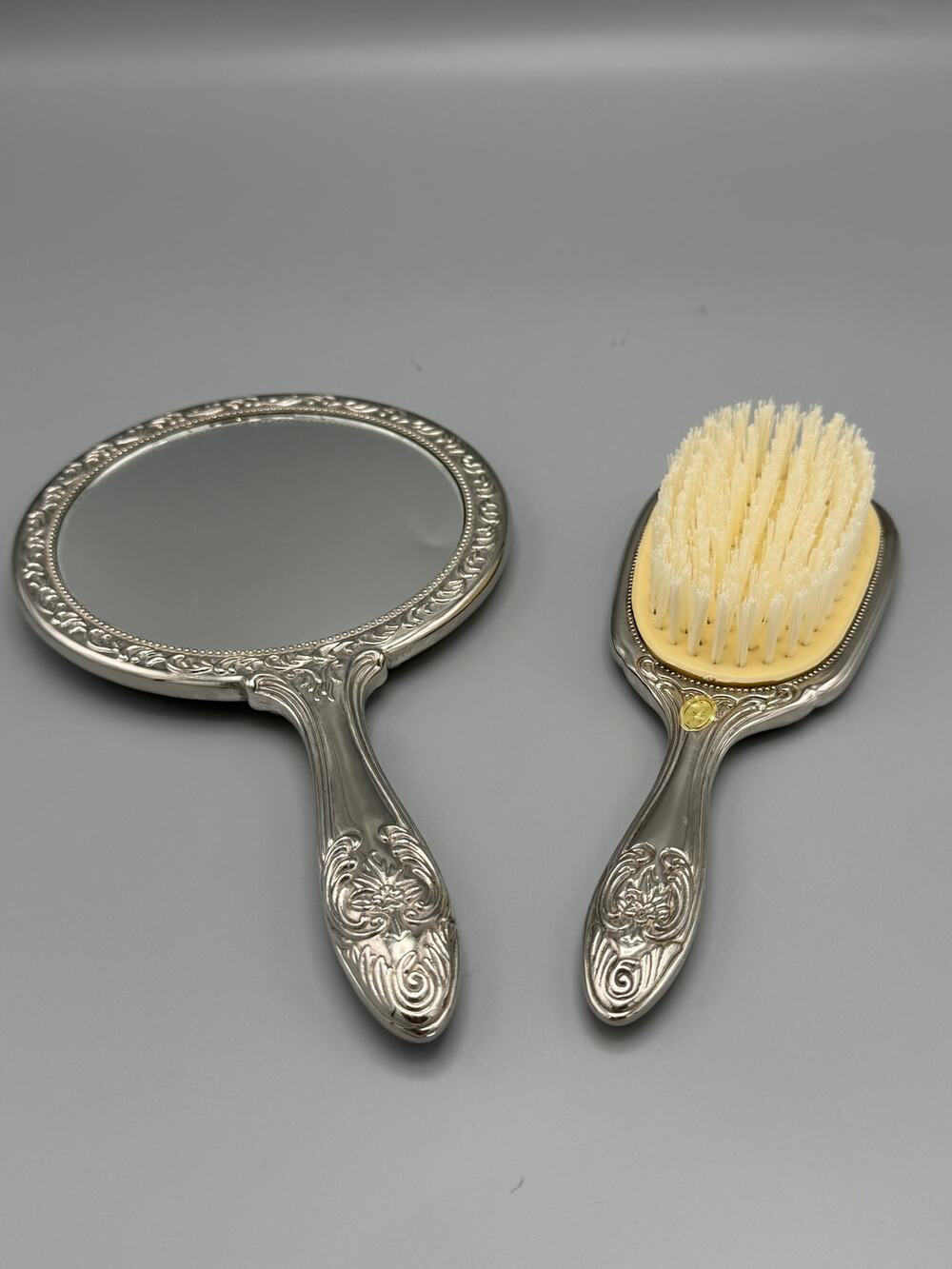 Silver Plated Vanity Hand Mirror & Hair Brush Set Ornate Floral Victorian Style